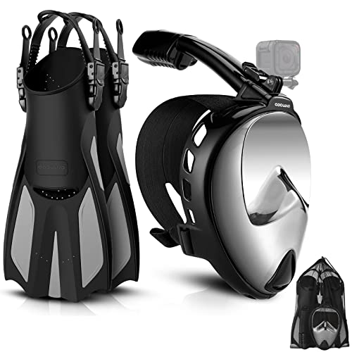 Odoland Snorkeling Packages for Adults & Youth, Full Face Snorkel Mask with Camera Mount, Adjustable Swim Fins, Mesh Bag, Anti-Fog Anti-Leak Scuba Diving Gear for Men & Women Black S/M(Mask＜