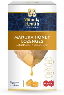 Manuka Health Manuka Honey Lozenges โ 15 Lemon and Ginger Flavored Lozenges โ Natural Throat Lozenges Infused with Raw Manuka Honey and Vitamin C for Immune Support