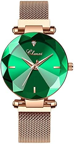 SENRUD Women's Watches Fashion Shine Crystal Cutting Mirror Wrist Watch Rose Gold Stainless Steel Mesh Band Waterproof Analog Quartz Watches (A Green)
