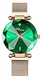 SENRUD Women's Watches Fashion Shine Crystal Cutting Mirror Wrist Watch Rose Gold Stainless Steel Mesh Band Waterproof Analog Quartz Watches (A Green)