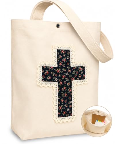 Image of Christian Tote Bag Gift for Women, Canvas Bible Bag Handmade Floral Cross | Christian faith-inspired gift, handcrafted cross with lace, inner pocket, snap closure, bottom gusset, church Bible study use