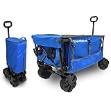 EasyGoProducts Big Wheel Utility Cart with Rear Table and Side Umbrella Holders-Heavy Duty Deluxe, Folding Beach Wagon Blue