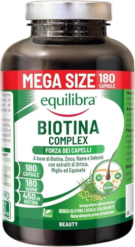 Equilibra Biotina de Alta Dosis 450 mcg, para el Cabello y las Uñas, con Zinc, Cobre, Selenio, Extractos de Ortiga, Mijo y Equiseto, Vegano, Sin Gluten, Sin Lactosa, 180 Cápsulas