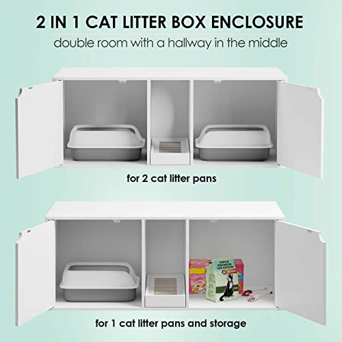 Lovinouse Hidden Cat Litter Box Enclosure Furniture, Cat Washroom With Double Room And Litter Catch, Wooden Cat House Side End Table Nightstand For Indoor (White) #TOP1