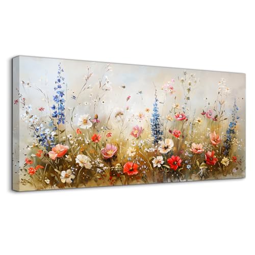 SERIMINO Colorful Floral Wall Art, Rustic Farmhouse Botanical Decor Large Artwork, Nature Wildflower Aesthetic Canvas Prints, Modern Cottagecore Wall Decor Living Room Kitchen Dining Room 20X40 Inch