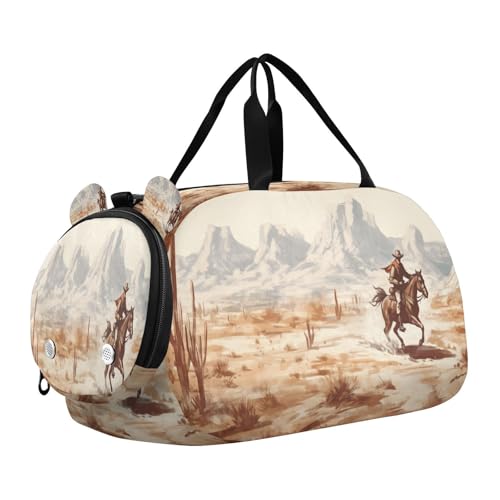 YETTASBIN Sport Travel Duffel Bag for Girls Boys, Western Desert Cowboy Large Waterproof Weekender Overnight Bag, Detachable Shoulder Strap Gym Bag with Shoe Compartment & Wet Pocket