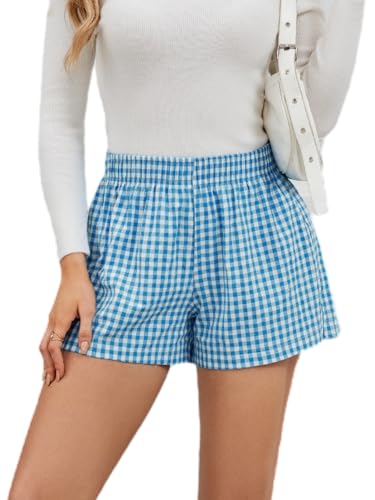 Image of Chunoy Women's Plaid Boxer Shorts Summer Casual Gingham Pajama Bottoms Short with Pockets