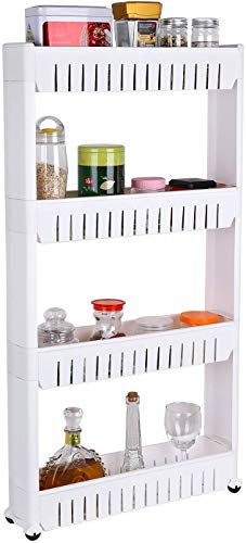 Plastic 4 Tier Space Saving Storage Organizer Slim Rack Shelf with Wheels || Slim Slide Out Kitchen Trolley Rack Holder ...