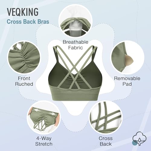 Image of VEQKING Ruched Sports Bras for Women Large Bust, Seamless Yoga Bra, 3 Pack | Removable Padded, Strappy Criss Cross Back, Medium Support for Yoga, Pilates & Gym, Full Coverage, No Bounce, No Spillage