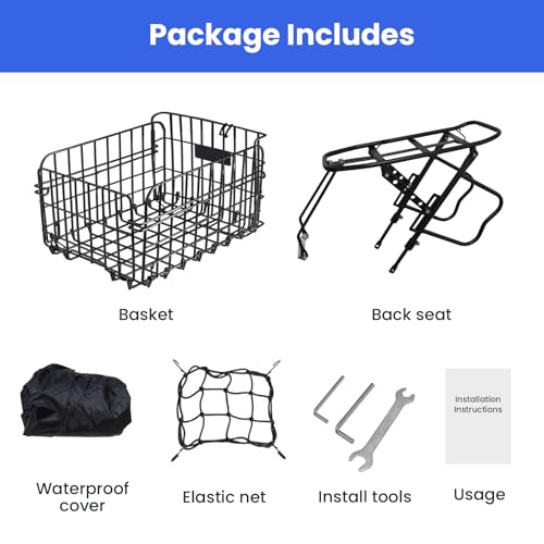 Huimpet Rear Bike Rack with Basket - Large Capacity Bike Basket Rear - Bike Cargo Rack for Disc/Non-Disc Brake Mount Bicycle Pannier Rack, Adjustable Bike Rear Rack, Touring Carrier Rack fit 26”-29”