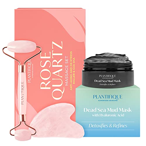 PLANTIFIQUE Rose Quartz Roller and Gua Sha Set Dead Sea Mud Mask for