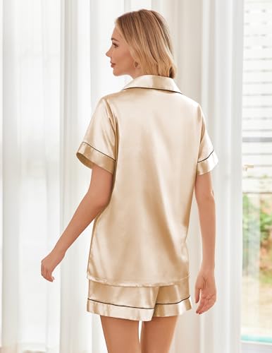 Image of Ekouaer Womens Silk Satin Pajama Sets Soft Short Sleeve Button Down Sleepwear Top and Shorts 2 Piece Pjs Lounge Set