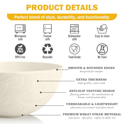 Image of Unbreakable Wheat Straw Kitchen Cereal Bowl 40 OZ, Microwave & Dishwasher Safe Bowls, Alternative Plastic Bowls for Kitchen, Outdoors, RV, Camping, Patio, Set of 6, Beige
