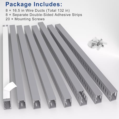 Image of 1.6 inch H x 1 inch W Cable Raceway, 132in Under Desk Wire Management Channel, Grey | Slotted Wire Duct, 8Pack, 16.5in Each, Heavy-Duty PVC Cable Management for Server Racks, Network Cables & Electrical Cabinets