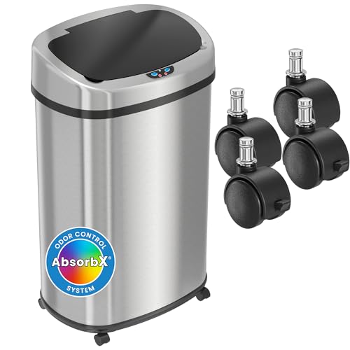 iTouchless SensorCan 50 Liter / 13 Gallon Kitchen Trash Can with Wheels & Odor Filter – Mobile Motion Sensor Stainless Steel Garbage Bin for Home, Office, Garage, Slim Oval Shape Large Capacity Design