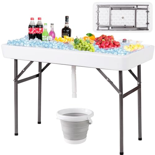Giantex 4 FT Folding Ice Cooler Table with Drain & Bucket, Removable Skirt, No Assembly, Portable Fill and Chill Table for Food Drink Beverage, Foldable Party Ice Bin for Camping BBQ, White