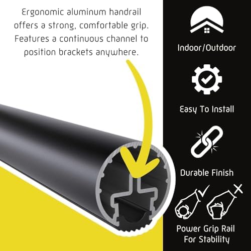 Promenaid Satin Black 4ft ADA Handrail Kit - Complete Indoor/Outdoor Stair Handrail - 1.6" Round Satin-Anodized Aluminum Railing with 3 Satin Black Painted Pivoting Brackets & ADA Wall Returns - 2