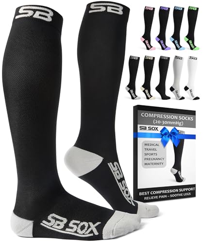 SB SOX Compression Socks for Men & Women (20-30 mmHg) - Best Support Stockings for Travel, Medical, and Sports - Perfect for Everyday Wear (Small, Black/Gray)