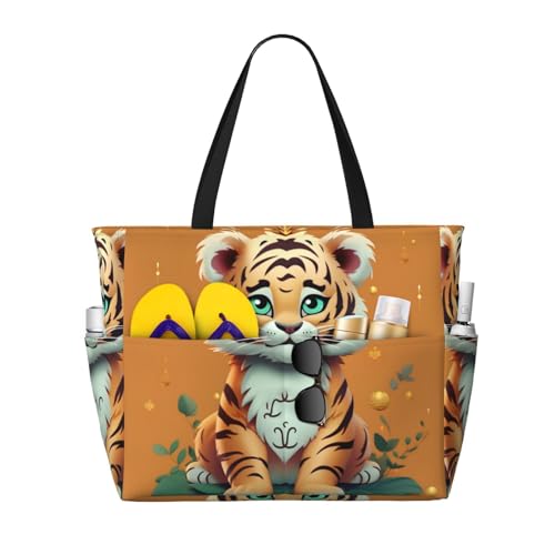 Year Of The Tiger Funny Tiger Beach Bags For Women Large Waterproof Sandproof Beach Tote Bag Lightweight Carry On Bag For Gym Travel Vocation