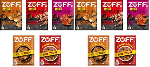 Image of ZOFF Non-Veg Gravy & Marinade Combo - Chettinad, Tandoori Chicken, Fish Fry (25g each), Chicken & Mutton Gravy (90g each) - 255g | Ready-to-Cook Indian Meal Kit (Pack of 2)