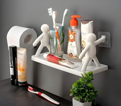 JIALTO 2 PCS Self Adhesivecute Wall Hanging Bathroom Storage Rack Bathroom Shelf for Wall Mounted Bookshelf Office Shelves (33L x 13.5W x 14.5H CM, White)