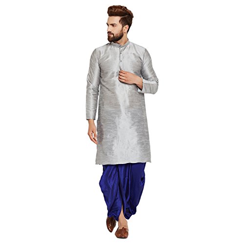 Image of SOJANYA (Since 1958 Men's Off-White and Gold Dupion Silk Dhoti Kurta Set