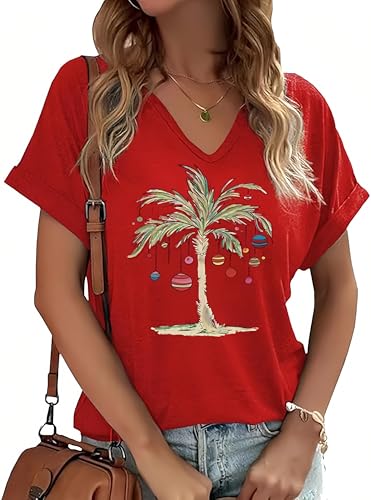 Jliqt Womens Christmas T-Shirts Coconat Tree Color Ball Tee Comfortable and Slim Fit Casual Graphic V-Neck Shirt TopsL Red 1