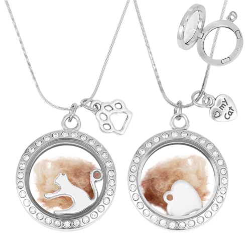 Image of DELORIGIN 2PCS Pet Ashes Necklace Cats Hair Keepsake Fur Locket Necklaces Cat Dog Remembrance Jewelry with Paw Heart Rhinestone Pet Memorial Urn Necklace for Cats Women Men Loss Pet Sympathy Gift