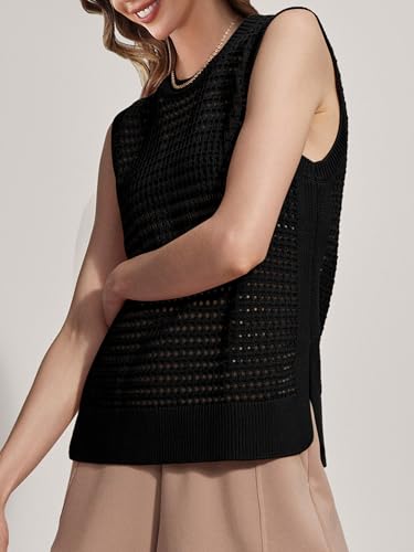 Image of SuperPrity Women's Sweater Vest Sleeveless Crochet Sheer Knit Sweater Tank Casual See Through Crewneck Sweater