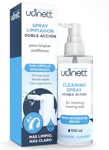 Spray Limpiador para Audífonos e Implantes Cocleares con Cepillo Integrado Udinett Sanitizante 100ml para Limpiar Auriculares Bluetooth Fórmula Sin Alcohol Elimina el Cerumen y la Suciedad