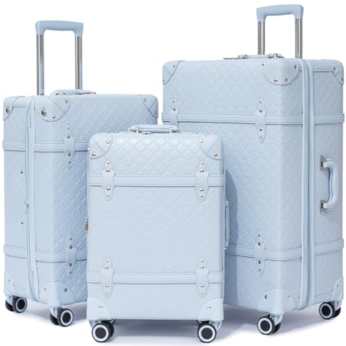 NZBZ Vintage Luggage Sets for Women Retro Suitcase with Wheels TSA Lock Cute Luxury Luggage 3 Pieces (Blue Quilted, 20inch & 24inch & 28inch) Blue Qui