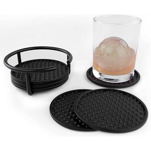 FitWell Drink Coasters with Holder Set of 6 Coaster for Drinks Waterproof, Flexible Coasters with Holder, Coasters for Hot & Cold Drinks, Coffee Table, Apartment Wooden Bar (Black) Cover