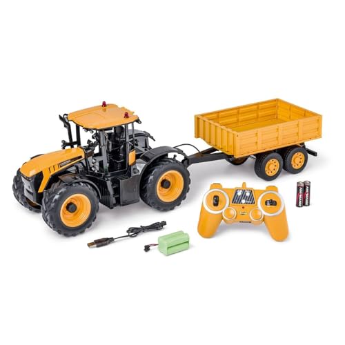 Carson 500907654 1:16 RC Tractor JCB con Remolque 2.4G 100% RTR - Vehículo de Control Remoto, Tractor con Funciones Luz y Sonido