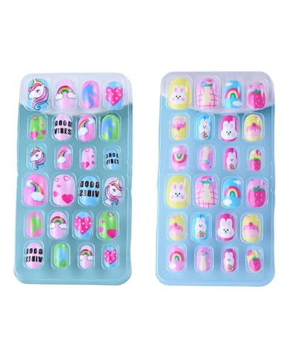 2 Boxes Nail Art Kit for Girls 6-12, Fake Nails Extension Kit with Unicorn and Bunny Designs, Press on Nails Kit for DIY Manicure, Safe Artificial Nails Set for Fashion