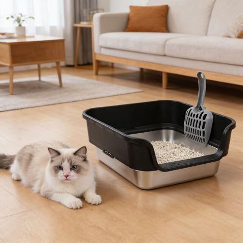 Arenero para gato de acero inoxidable, diseño abierto y alto miniatura 3