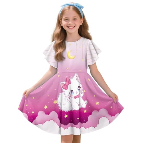Flutter Sleeves Dresses for Girls A-Line Crew Neck Dress Knee Length Sundress, Light Breathable for Casual Play