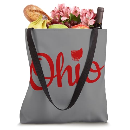 Bolso tote con diseño de mapa de Ohio en rojo y texto 'OH' y 'Love Home', para mostrar orgullo por el estado de Ohio miniatura 4