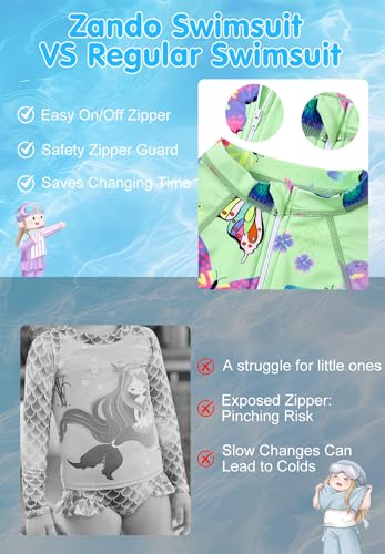 Image of Zando UPF50+ Girls Long Sleeve One Piece Swimsuit with Zipper - Rash Guard for Teens Toddler Kids 2-15 Years