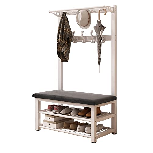 Perchero industrial 4 en 1 con gancho extraíble y banco, perchero industrial con zapatero, perchero para ropa, perchero para sala de estar, pasillo, vestidor, oficina, dormitorio