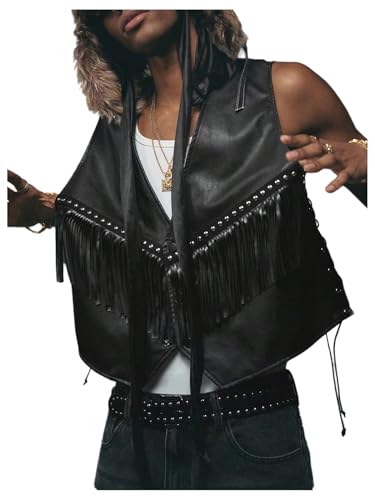 Verdusa Men's Western Fringe Studded Vest Tassel Lace Up Leather Cowboy Jackets