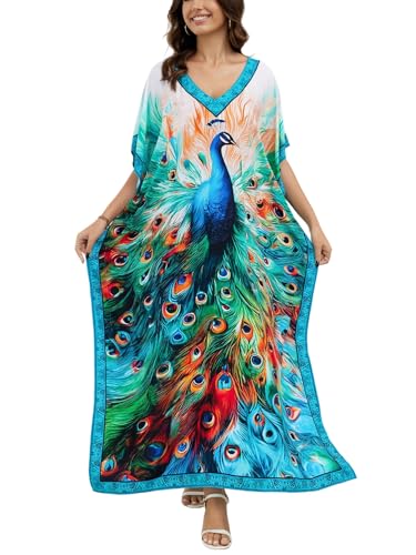 Image of IMAGEKOPE Women's Plus Size Loose Fit Moroccan Print V-Neck Batwing Kaftan Beach Dress Bathing Suit Cover Up