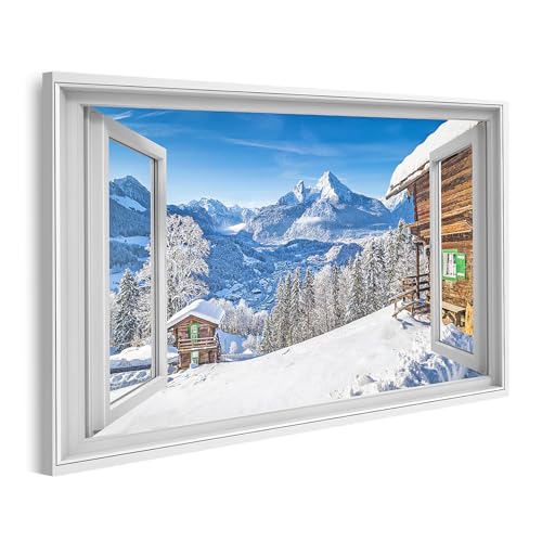 islandburner Image sur toile - Vue sur le panorama de montagne d'hiver à travers une fenêtre ouverte - Images murales murales Poster