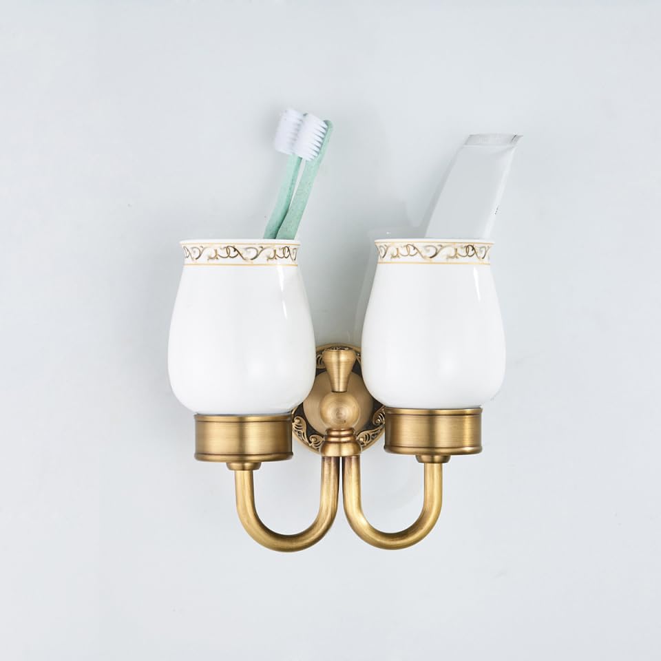 Cabilock Portabicchiere da parete in rame lucido per spazzolino da denti da bagno doppio portabicchieri in ceramica installazione facile per la casa | Doppio supporto da parete con due bicchieri in ceramica per spazzolini da denti e accessori per lavabo