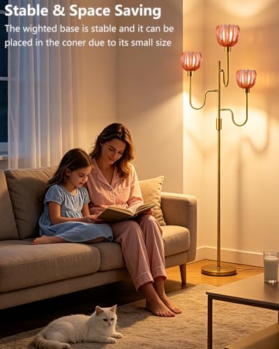 Image of 3-Light Red Tulip Glass Floor Lamp, Dimmable Standing Floor Lamp with 3 Bulbs Included, 3000K Warm White Gold Tall Floor Lamp for Living Room Bedroom Sofa Corner, Modern Romantic Reading Floor Lamp