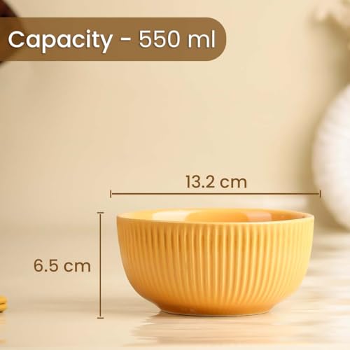 Image of The Earth Store Yellow Fringe Ceramic Bowl with Lid Set of 4, 550ML | Multipurpose Uses Coaster /Lid | Dishwasher & Microwave Safe Bowl | Ideal for Rice, Dal, Fruits, Salad, Snack, Mixing Bowl