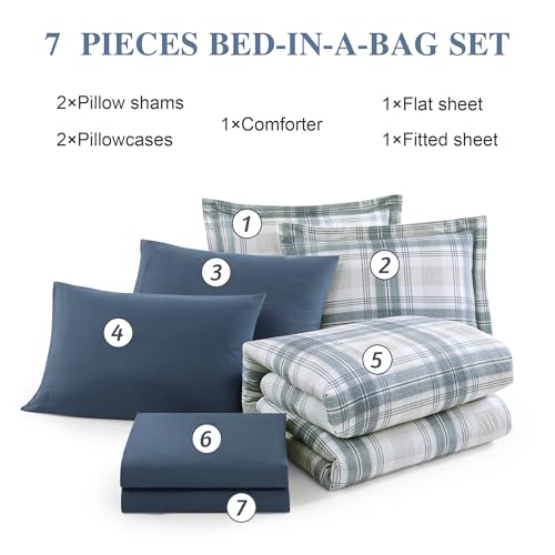 Image of MaiReve Plaid Full Comforter Sets, Blue Grey Grid Farmhouse Bedding Set Bed in A Bag, Classic Checkered Comforter Sets with Fitted & Flat Sheet, Pillowcases & Shams(Blue Grey, 80 inchx90 inch)