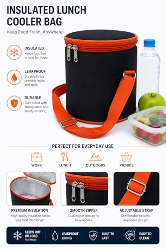 Image of Insulated Lunch Bag, Polyester, Water Resistant, Classic Style, for Office, School and Travelling, 1 Litre (Without Containers, Size-6.5 X 6 X 6)