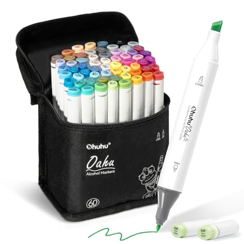 Ohuhu Alcohol Markers - AP Certificated 60-color Double Tipped Art Marker Set for Artist Adults Coloring Illustration - Chisel and Fine Dual Tips - Re