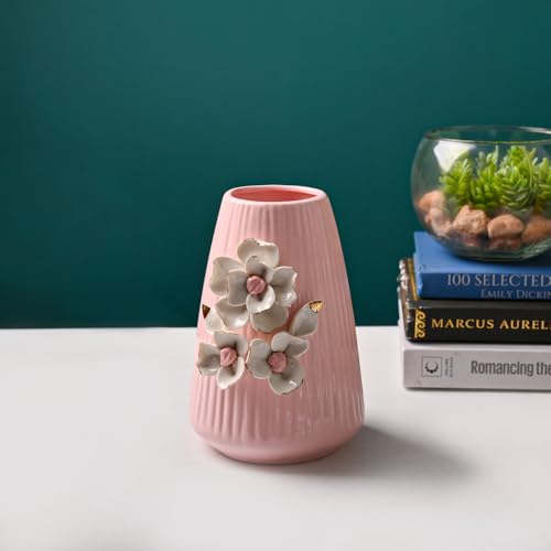 Image of MARKET 99 Ceramic Flower Vase (Pink) | Engraved Ribbed Floral Pattern | Decorative Floral Vase for Fresh & Artificial Flowers | Elegant Home, Living Room & Office Table Decor
