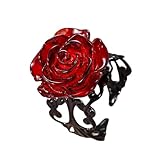 Vintage Dark Red Rose Flower Open Gothic Statement Ring for Women Adjustable Punk Goth 3D Floral Wrap Finger Band Rings Y2K Aesthetic Comfort Fit Valentine Cocktail Party Halloween Jewelry Gift